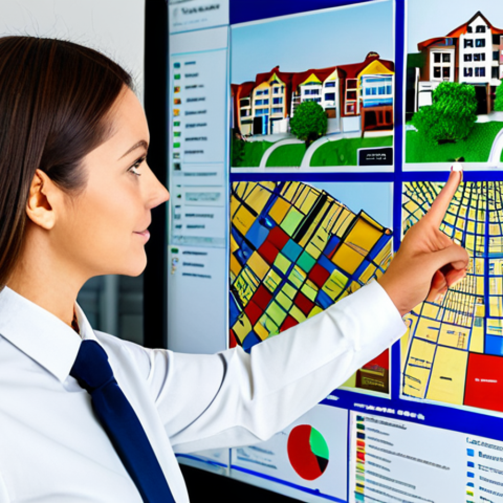 Stratified Random Sampling Visualization**
"A professional real estate analyst in a modern office, pointing to a large screen displaying a map of a suburban neighborhood divided into color-coded strata (sections). Each section has houses highlighted to represent a stratified random sample. The analyst is fully clothed in appropriate business attire. Safe for work, appropriate content, modest, professional illustration, perfect anatomy, correct proportions, natural pose, high quality."
**