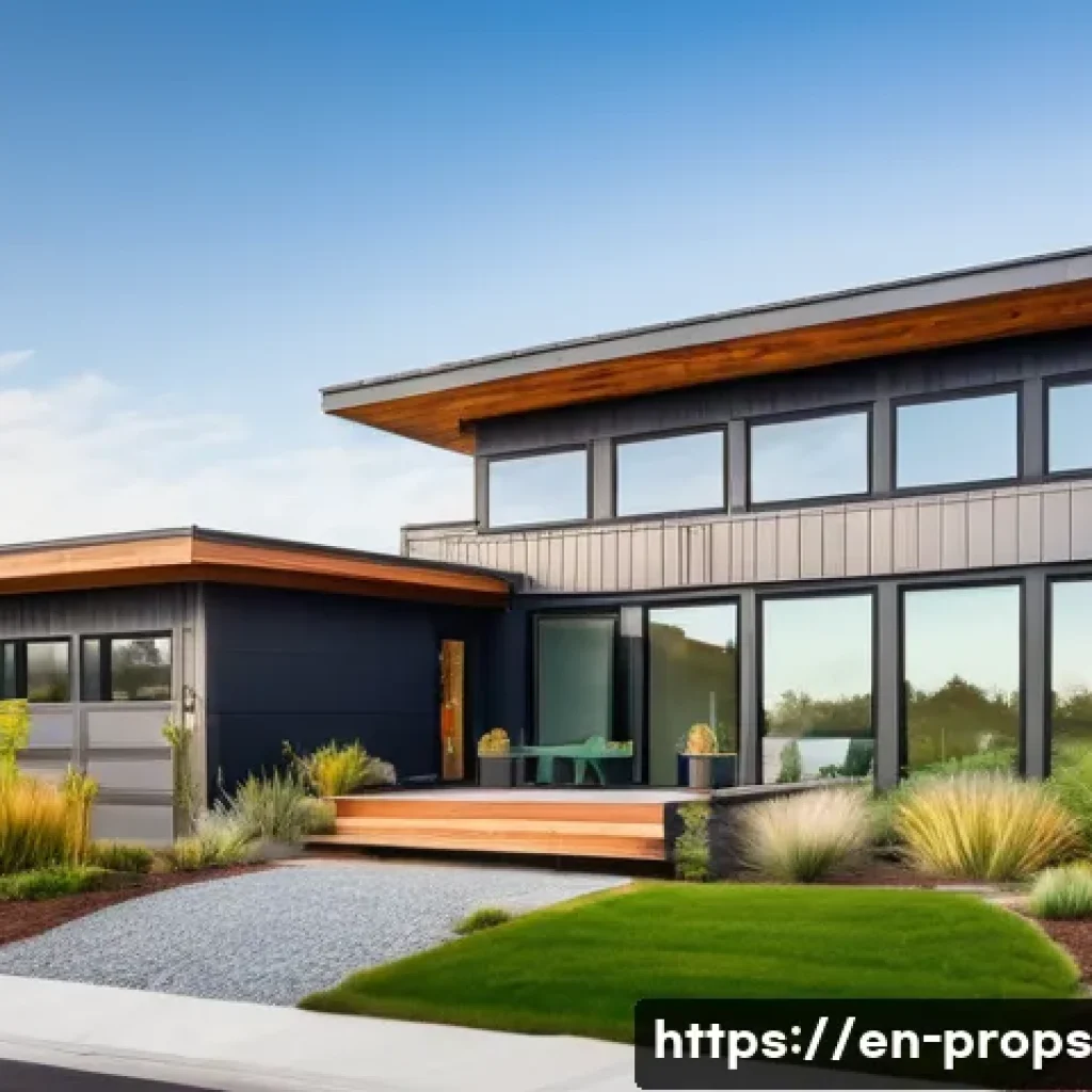 부동산 가치 평가와 그린빌딩 기준 - A modern eco-friendly home exterior during daytime, featuring solar panels on the roof, lush water-e...