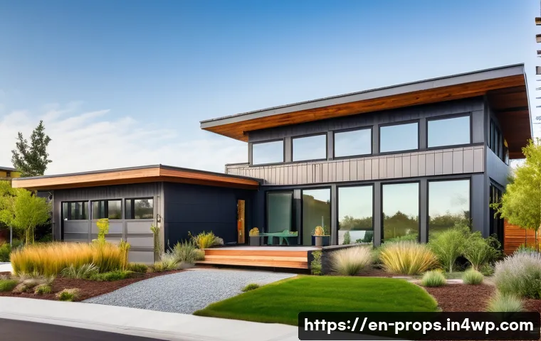 부동산 가치 평가와 그린빌딩 기준 - A modern eco-friendly home exterior during daytime, featuring solar panels on the roof, lush water-e...
