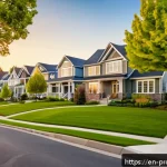 Home 21 부동산 가치 평가의 실용적 적용 방법 - A detailed, realistic suburban neighborhood scene during golden hour, showcasing a variety of well-m...