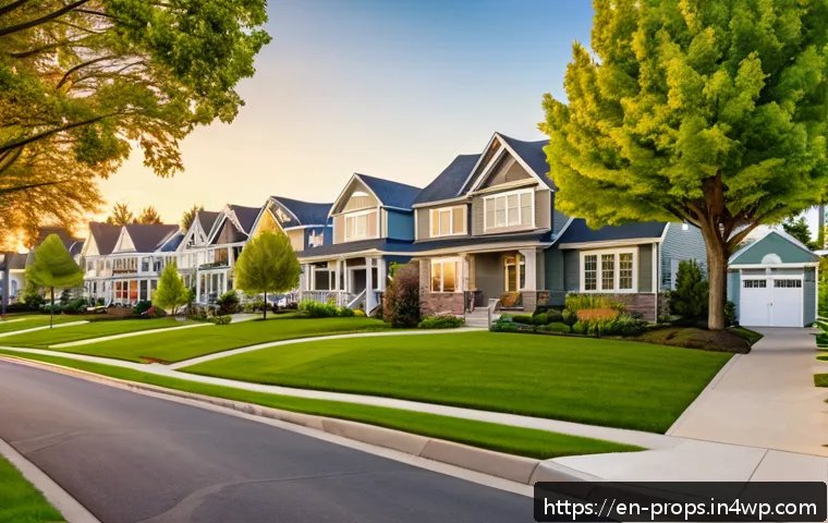 부동산 가치 평가의 실용적 적용 방법 - A detailed, realistic suburban neighborhood scene during golden hour, showcasing a variety of well-m...
