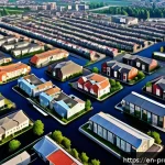 Home 20 부동산 가치 평가를 위한 법률적 고려 - A detailed urban cityscape illustrating diverse zoning classifications: residential neighborhoods wi...