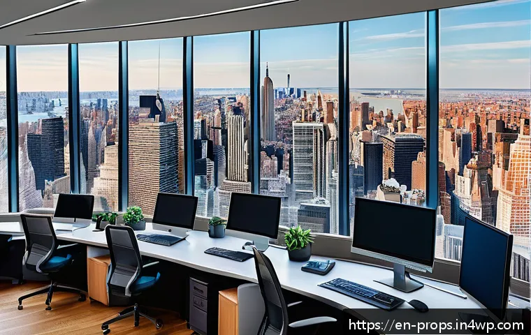 부동산 가치 평가의 국제 사례 연구 - A bustling urban real estate office in New York City, featuring a diverse team of professional appra...
