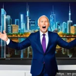 Home 23 부동산 가치 평가와 투자자 심리의 관계 - A dynamic urban real estate scene capturing the emotional intensity of a bidding war during a media-...